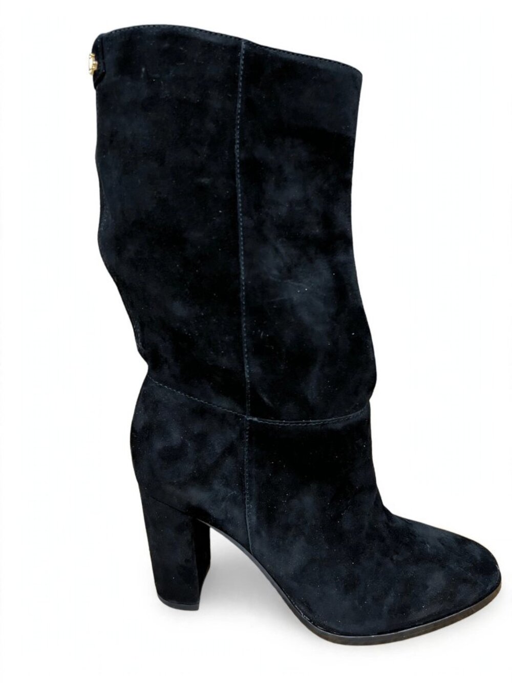 Lauren Ralph Lauren Black Suede Knee High Boots Block Heel Gold RL Logo 7.5
